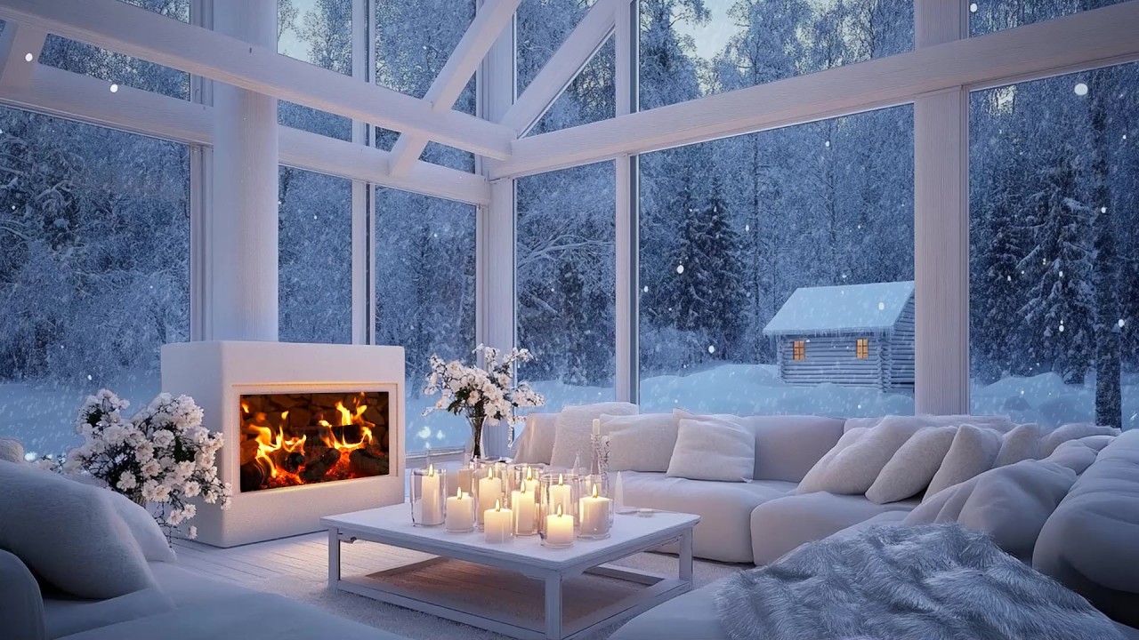 ☃️🎼 Peaceful Snowy Winter Piano Lounge Scene | Fire Glow & Flowers | Deep Work Focus