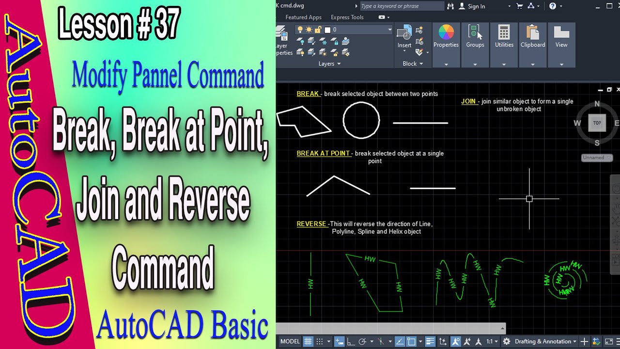 AutoCAD Break Break At Point Join and Reverse Command