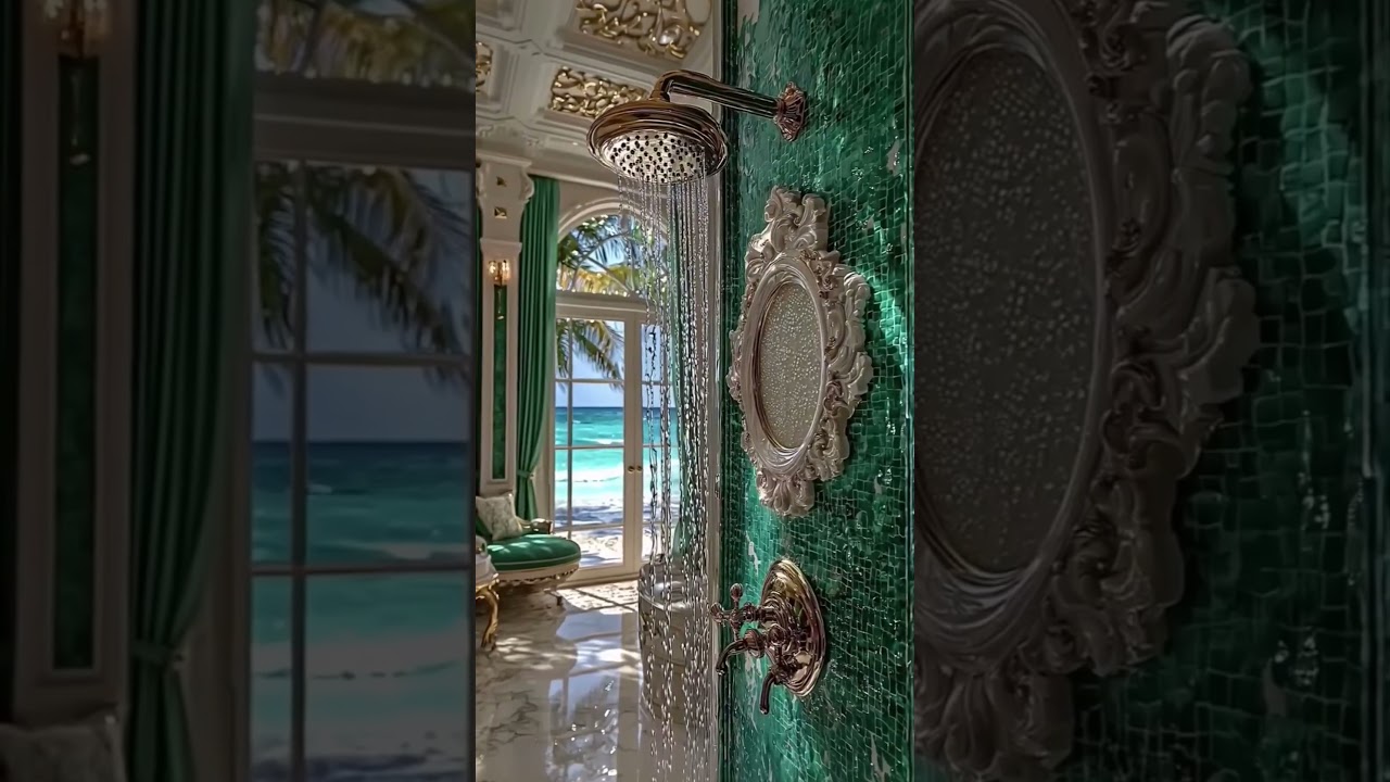 Elegant Green Car Parked in Front of a Grand Mansion