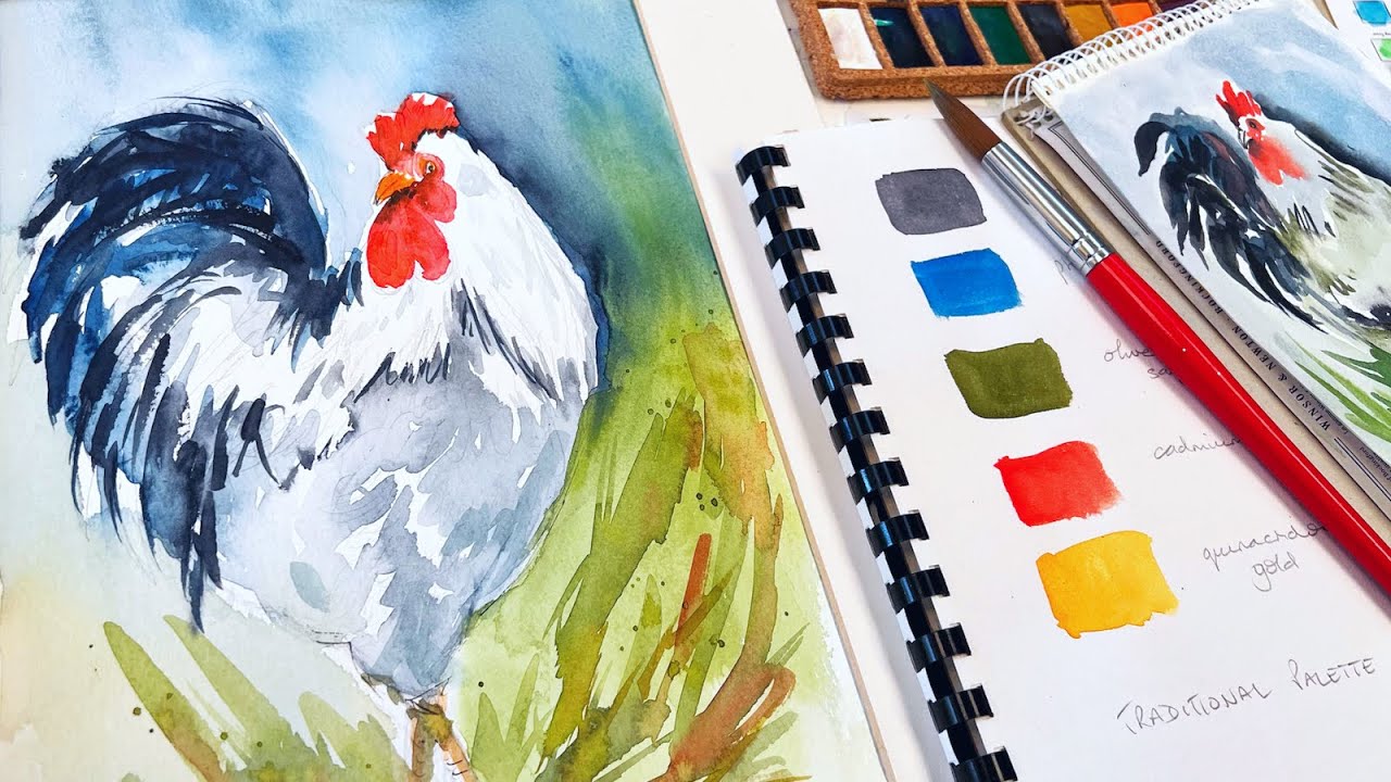 How to Paint a Rooster in 15 mins - Beautifully Easy and Quick Watercolor Tutorial in Real Time
