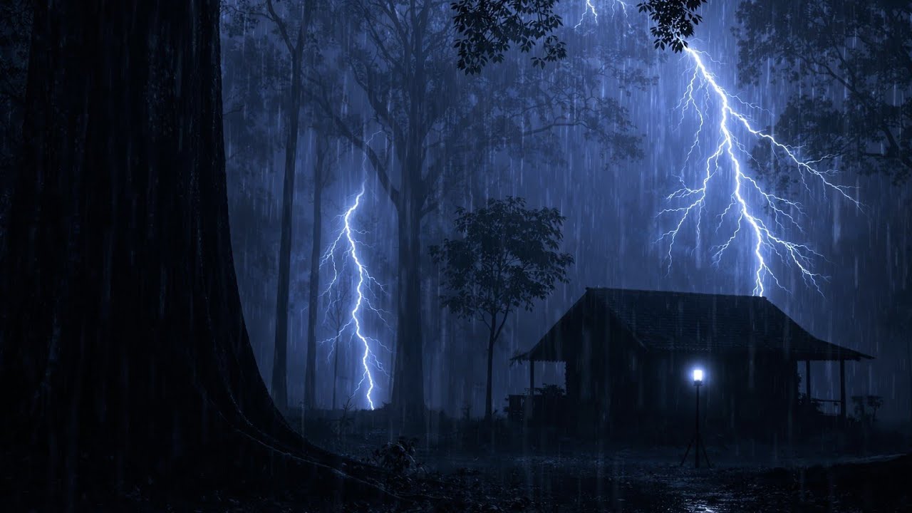 ⚡cozy cabin rain at nightt, thunder whispers and lightning paints the forest