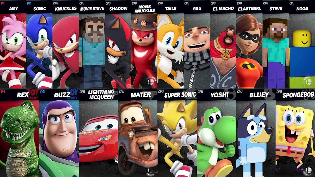 Sonic vs Mario vs Yoshi vs SpongeBob vs Buzz vs Rex vs Mcqueen vs Mater | Super Smash Bros Ultimate