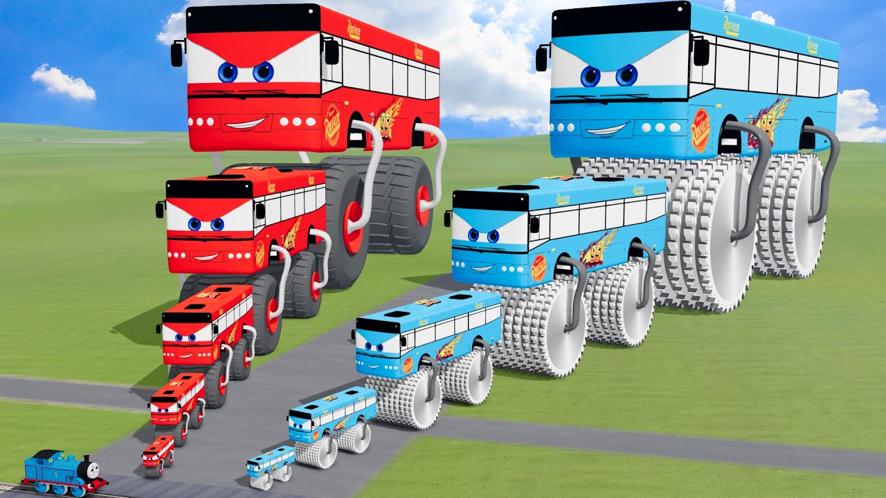 Big & Small Bus Lightning Mcqueen: Double Monster Saw Wheels vs Double Monster Wheels vs Trains