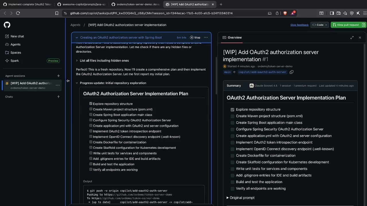 Copilot generating an OAuth2 server
