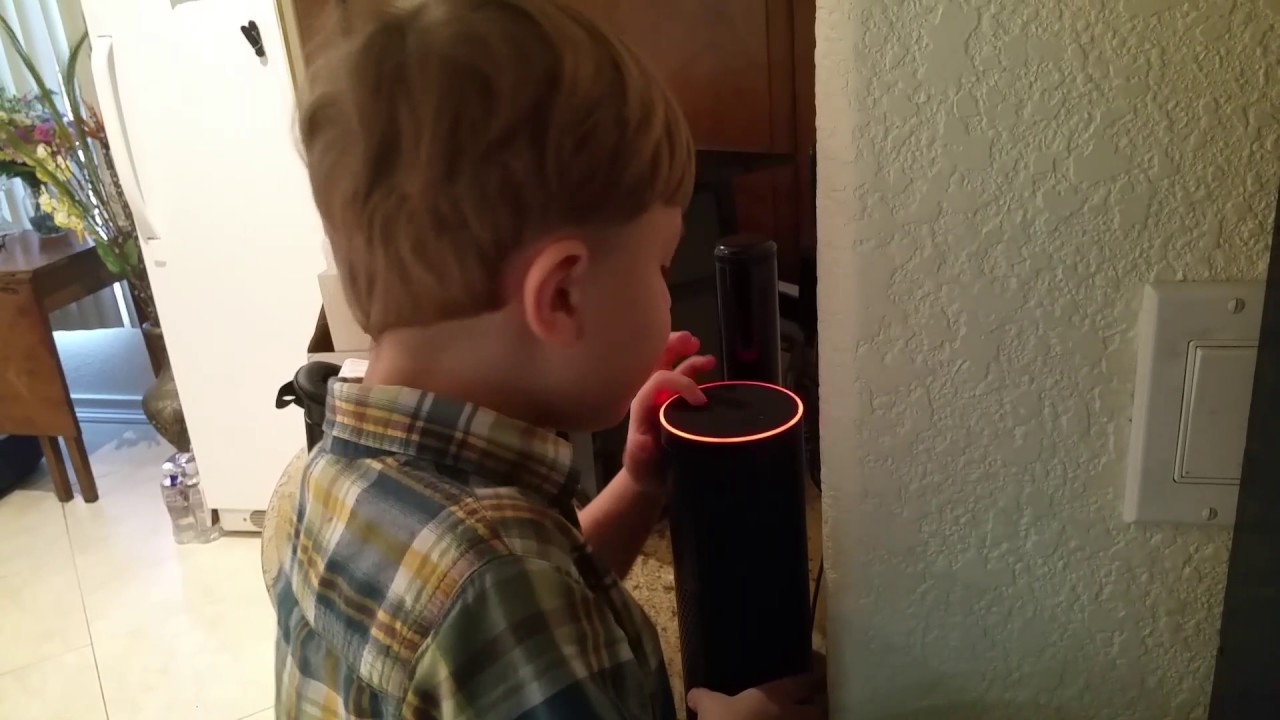 My grandson trying to talk to Alexa, my Amazon Echo device.