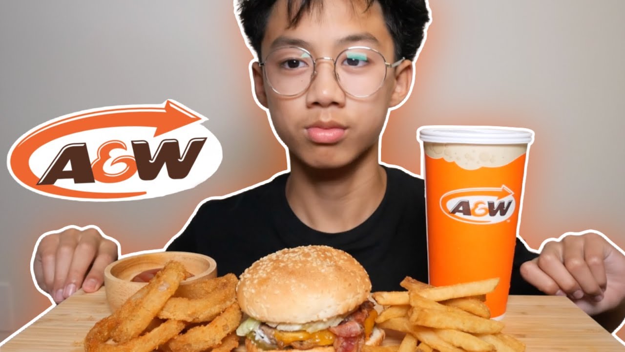 A&W Teen Burger Meal with Deep Fried Onion Rings Mukbang | N.E Let's Eat