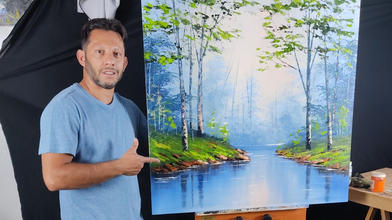 Aula Pintura Paisagem com água vegetação acrílico sobre Tela passo a passo Márcio Monteiro
