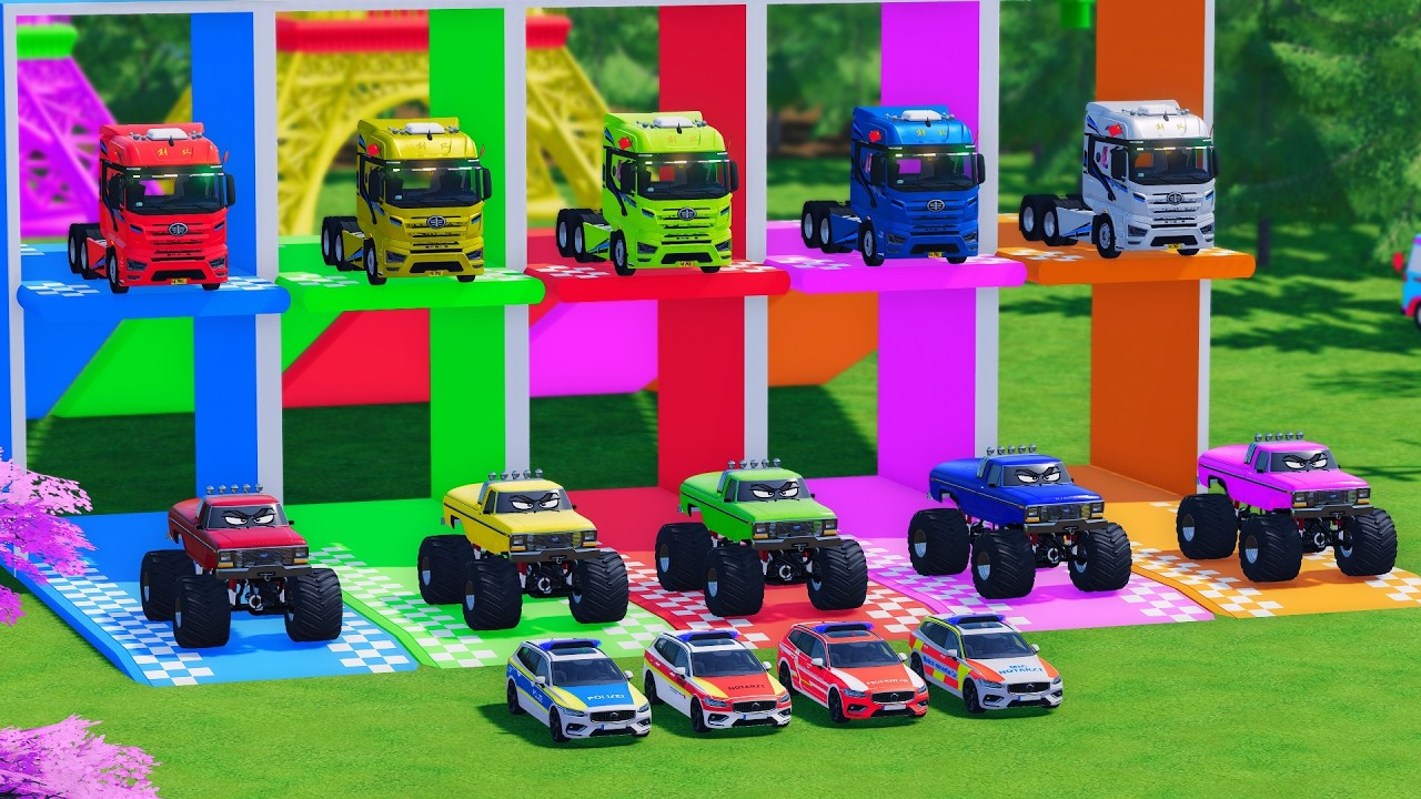TRANSPORTING BUS, POLICE CARS, DUMP TRUCK, BOX TRUCK, FIRE TRUCK WITH SCANIA TRUCK #49