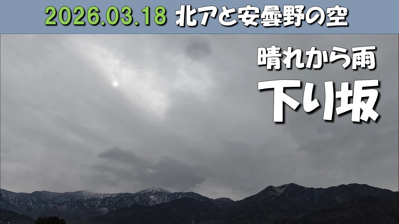 2026.03.18  北アルプス安曇野の空。朝昼-日没の眺め。餓鬼岳(毎日定点)   　   木星没.夜明け.日景.日没.