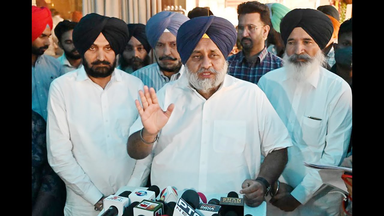 SAD President S Sukhbir Singh Badal addressing a press conference at Kharar