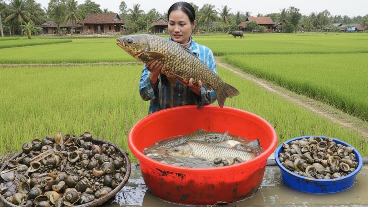 Catching a Giant Fish in Our Pond! Selling at the Market & Cooking with My Daughter