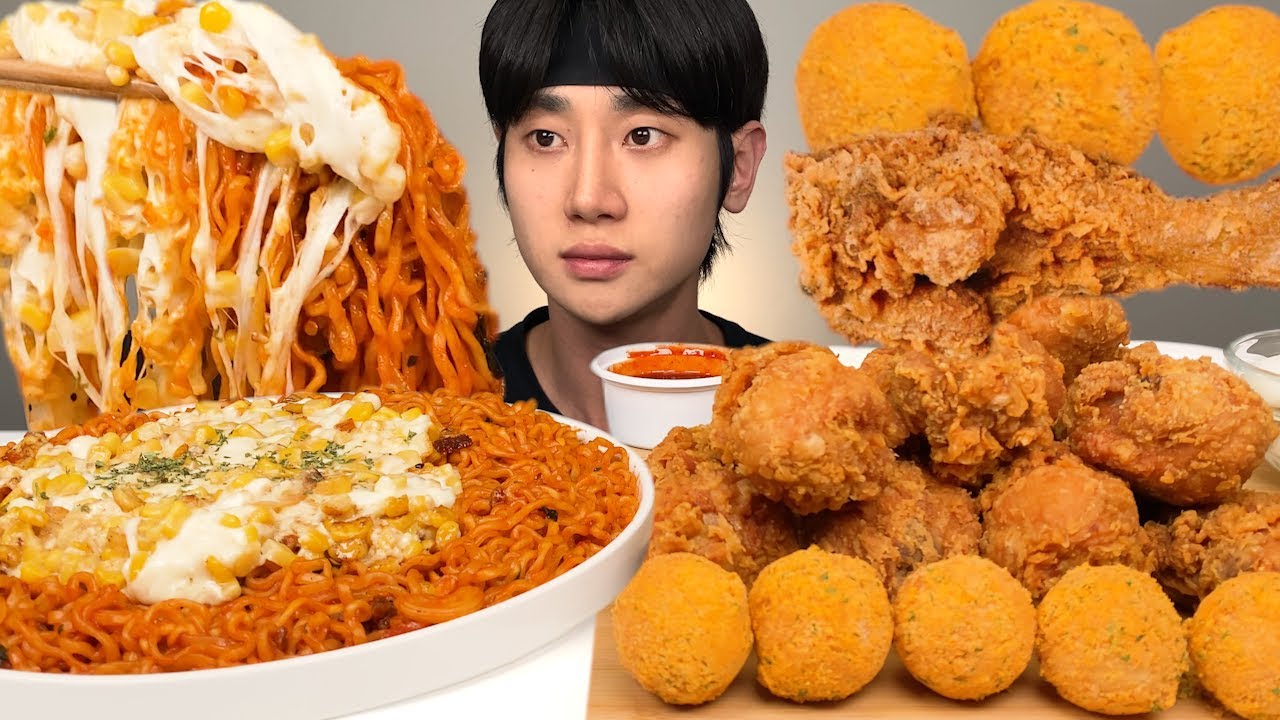 오뚜기 스파게티+간짬뽕 콘치즈라면 & 부어치킨 크리스피 닭다리 치킨, 치즈볼 먹방~리얼사운드 ASMR Corn Cheese Spicy Noodles & Chicken MUKBANG
