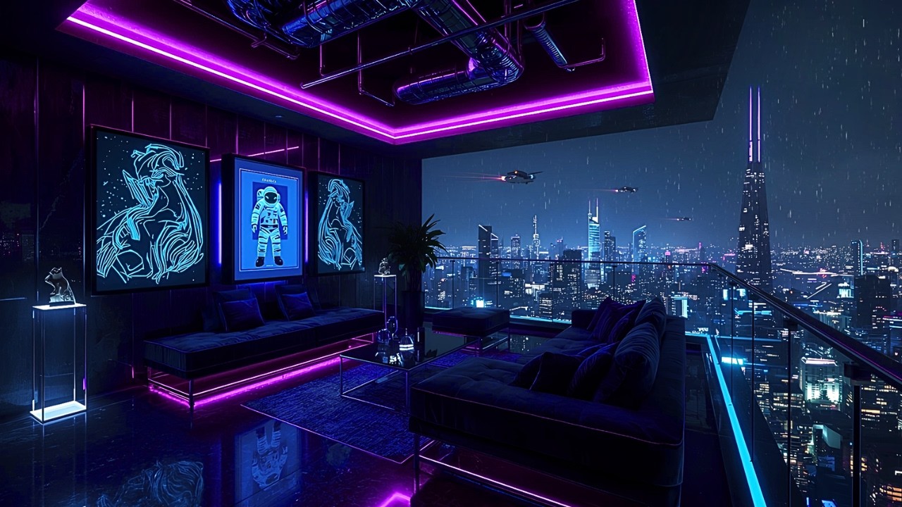 Neon City Balcony at Midnight 🌙 Rain Lofi Hip Hop Mix For Sleep, Relax And Focus