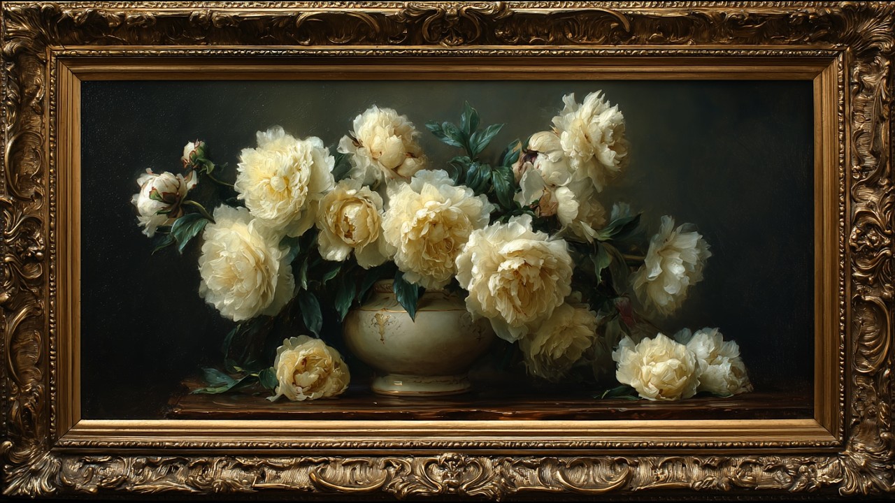 Elegant White Peony Bouquet | Classical Framed Floral Oil Painting for TV Display | 4K Still Life