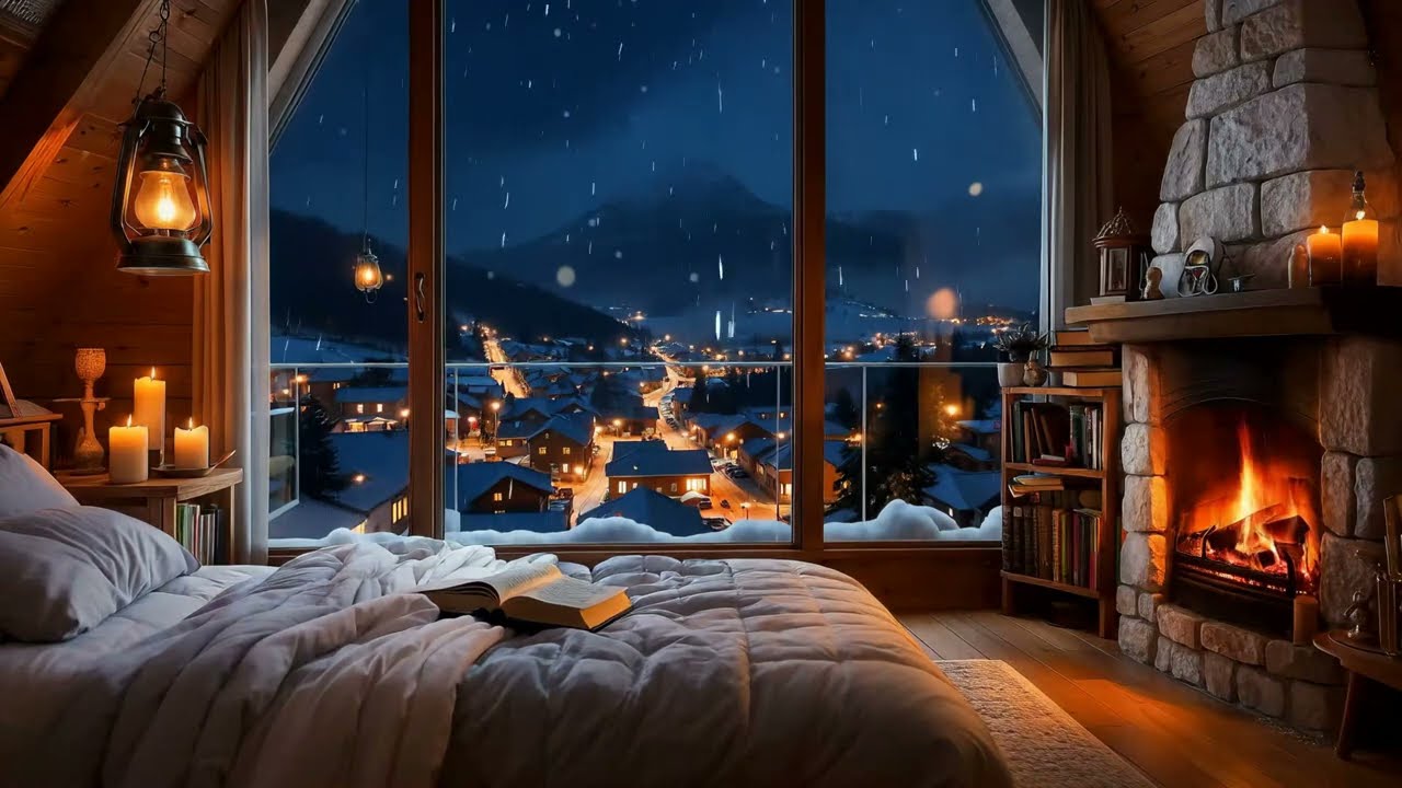 Snowy Mountain Village Window + Cozy Fireplace Glow – Deep Sleep & Relaxing Music | 4K | 10 Hours 🌙
