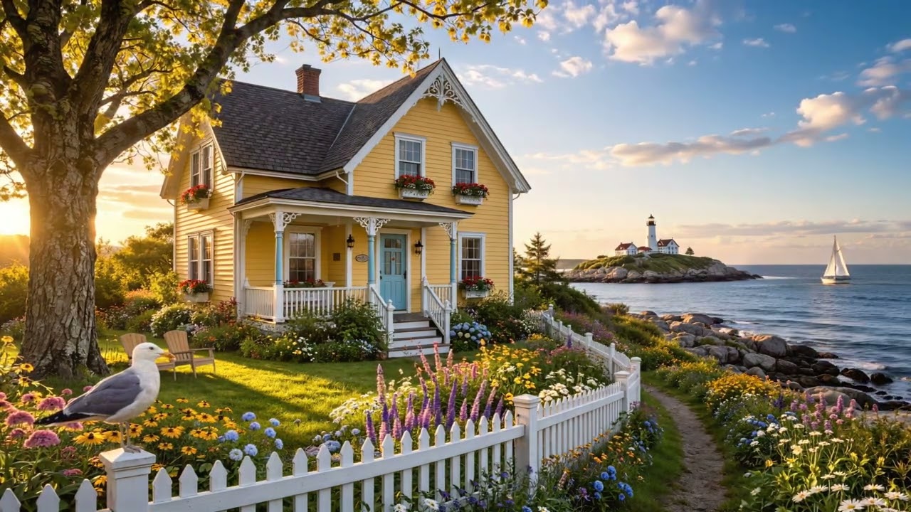 4K 🌼 Seaside Cottage with Flowers and Lighthouse View, Ocean Waves and Spring Air 🌊