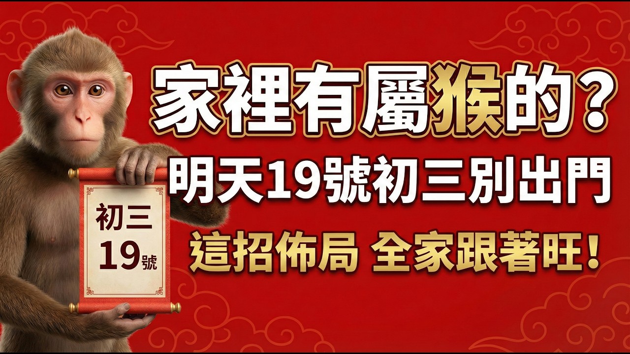家裡有屬猴的快看！明天19號初三「赤狗日」別出門，學會這招佈局，全家運勢跟著旺！#屬猴2026運勢 #2026生肖猴運勢 #大年初三禁忌 #居家風水 #開運招財 #化解犯沖 #新年佈局 #赤狗日