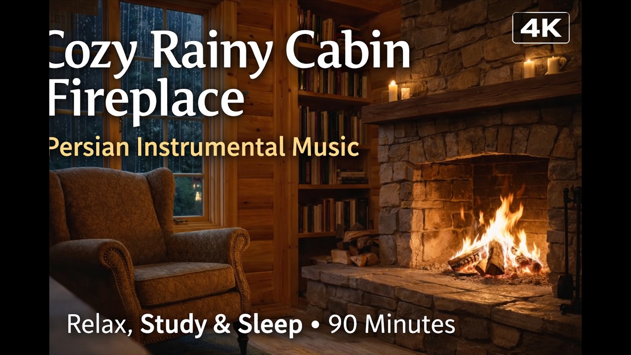 Cozy Rainy Cabin Fireplace | Persian Instrumental Music for Relaxing, Study & Sleep