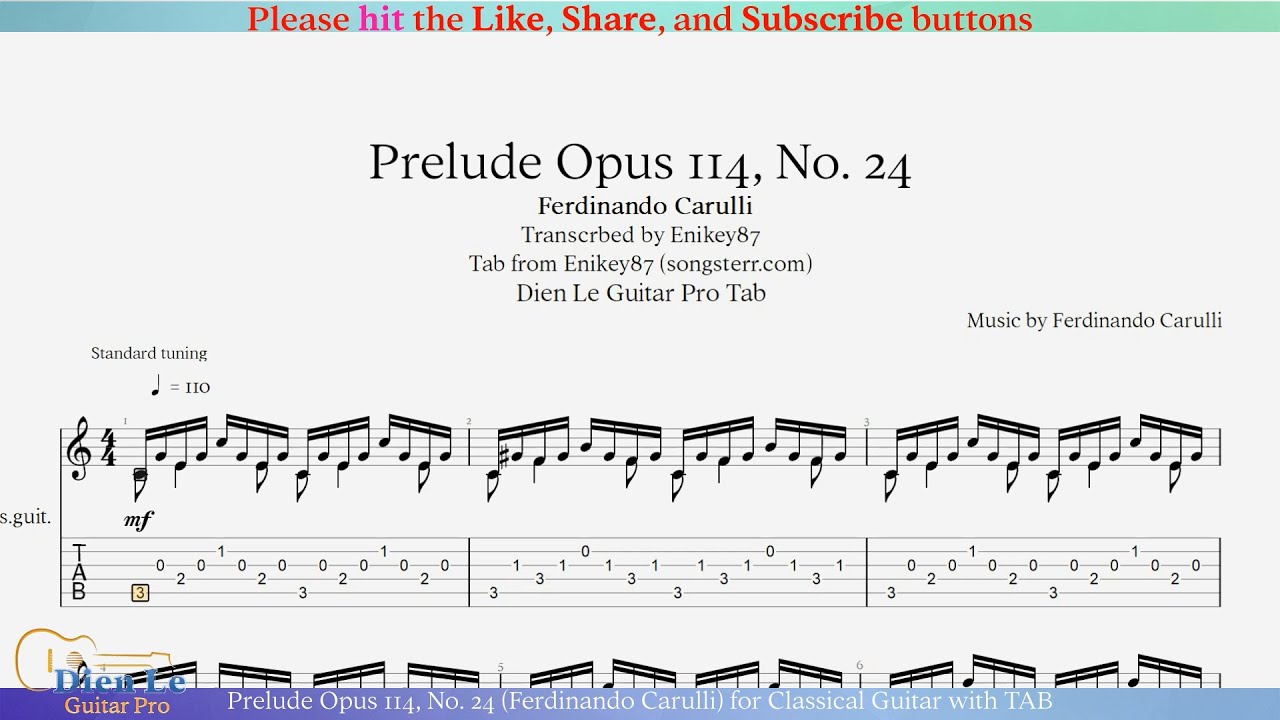 Prelude Opus 114, No. 24 (Ferdinando Carulli) for Classical Guitar with TAB