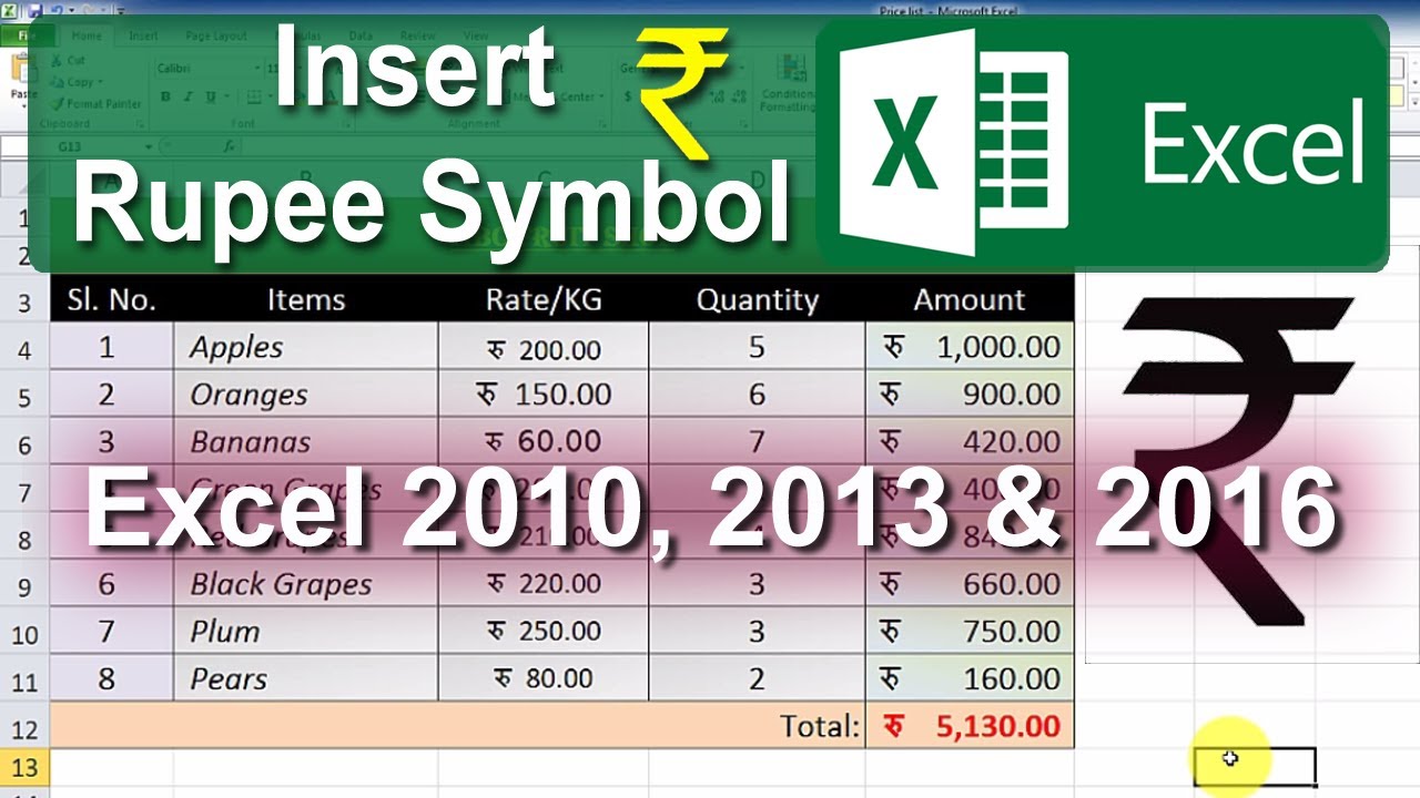 How to use Rupee Symbol in Excel 2010/2013/2016 🔥🔥🔥