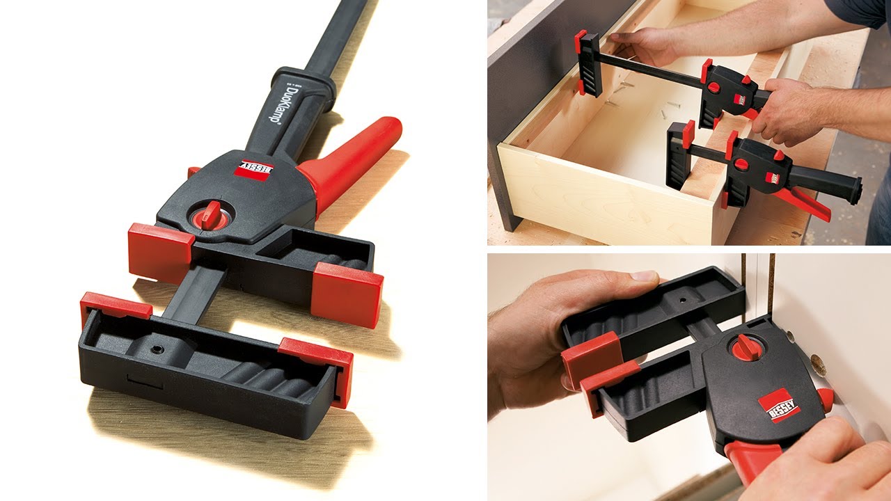 Klemmen met &eacute;&eacute;n hand en spreiden door om te schakelen: E&eacute;nhands lijmtang DuoKlamp DUO  |  BESSEY