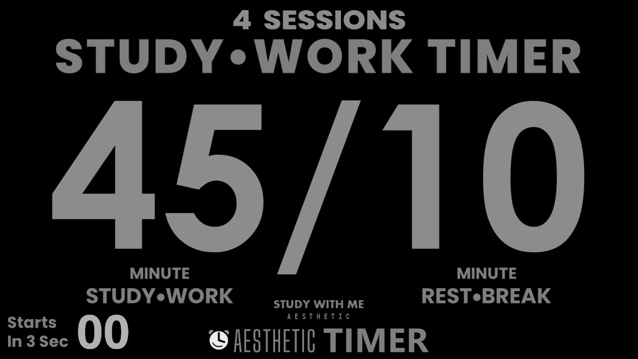 DARK Mode, Pomodoro 45/10 Study Timer, No Music, Minimalist Design, 4 Sets, 45 Minute Study