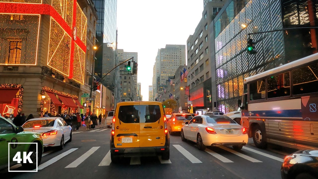 New York City 4K - 5th Avenue Christmas Lights - Sunset Drive