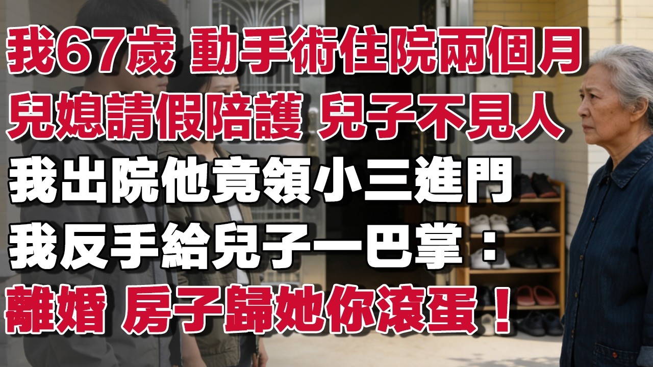 我67歲 動手術住院兩個月兒媳請假陪護 兒子不見人我出院他竟領小三進門我反手給兒子一巴掌：離婚 房子歸她你滾蛋！​#情感故事 #養老故事 #樂齡故事匯