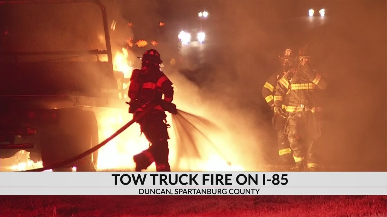 Tow truck catches fire on I-85