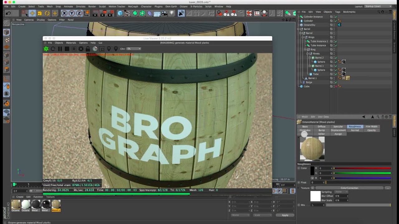 Brograph Tutorial 045 - Build a Barrel in C4D. Texture in Octane.