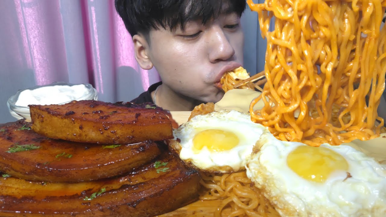 Fatty Spicy Pork Belly with Spicy Carbonara Buldak Noodles Mukbang ASMR