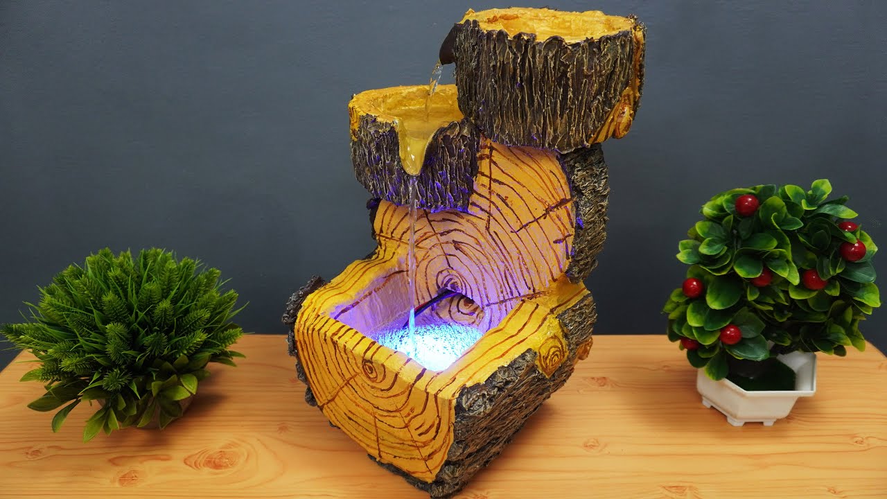 DIY Concrete Tree Log Waterfall Fountain | Faux Bois Tutorial | Fake Wood Crafts |  Water Fountain