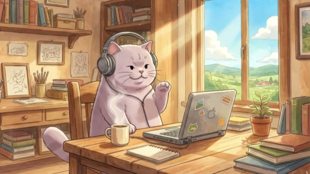 🌿Sun-Kissed Whiskers: Work & Chill 🐾Meadow Melodies & Morning Coffee 🌿✨|  Fuji 🐈