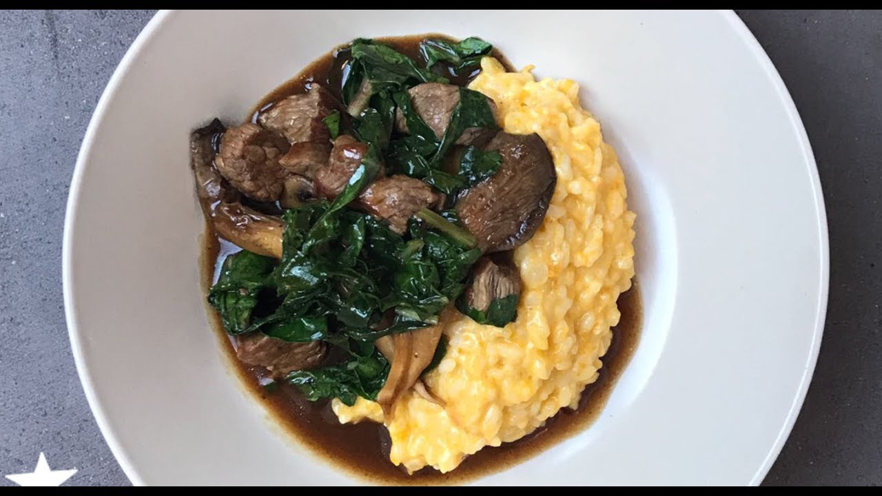 Salteado de carne con champiñones y arroz cremoso