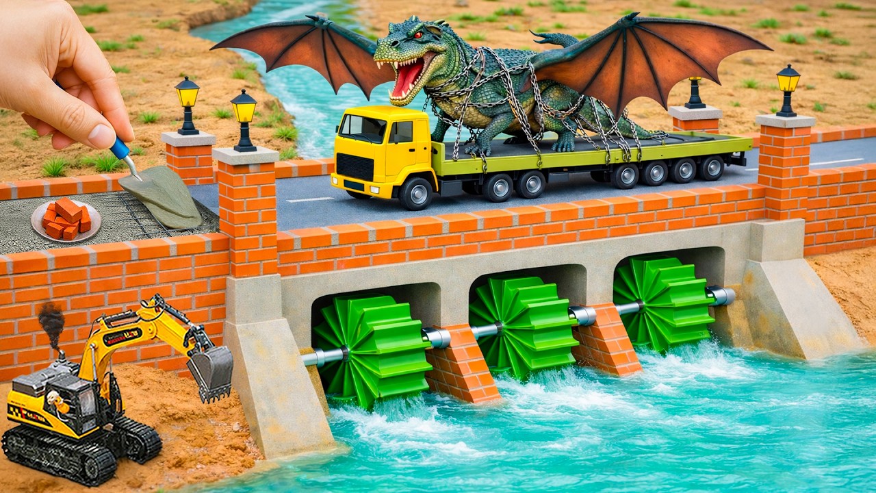 Dinosaur Fire Attack! Building a Strong Mini Brick & Concrete Bridge by Hand for Heavy Trucks