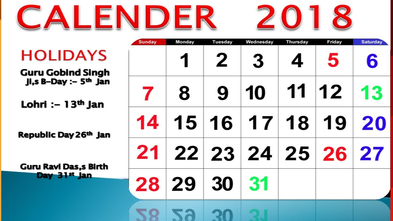Amazing Monthly Calendar 2018 with Holidays