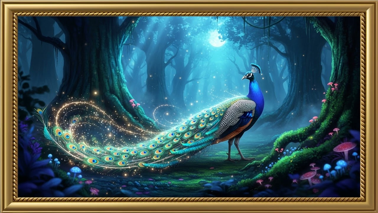 Majestic Peacock Under Moonlight | Fantasy Magical 8K TV Frame Wallpaper