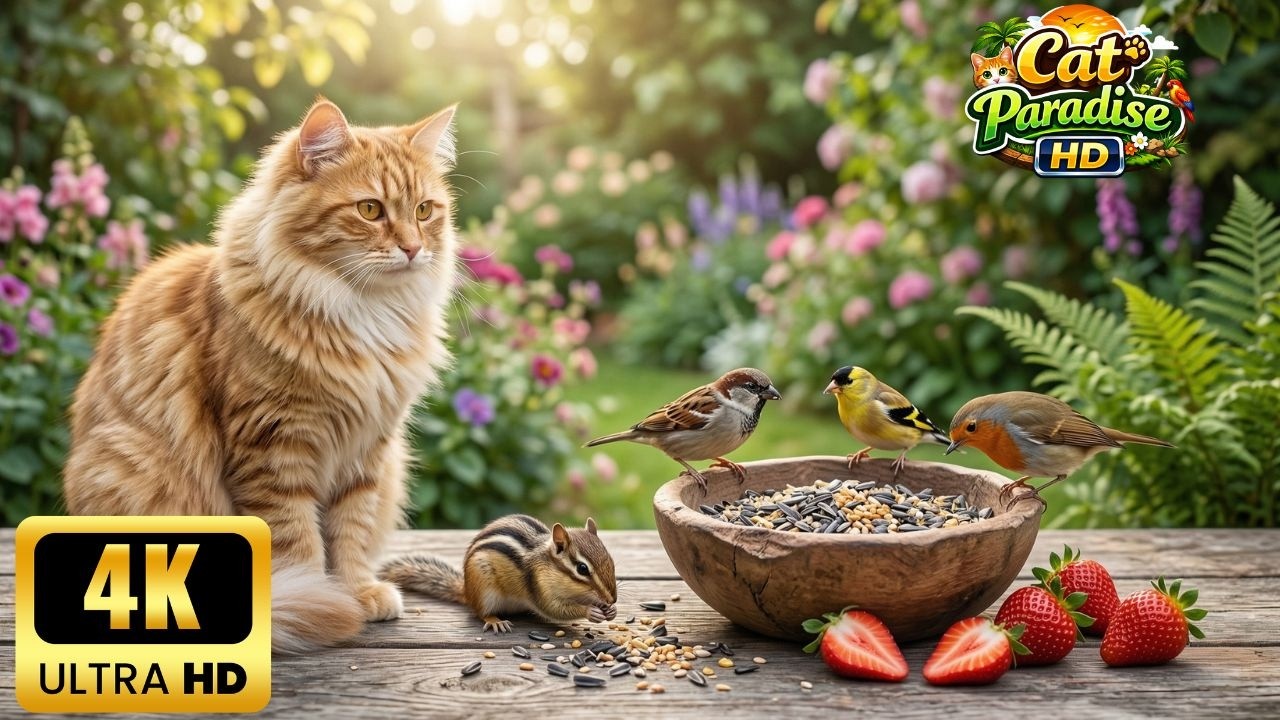 [NO ADS] Расслабляющее Cat TV 😺 Зимние Птицы и Белки в Саду 🐿️ 4K HDR