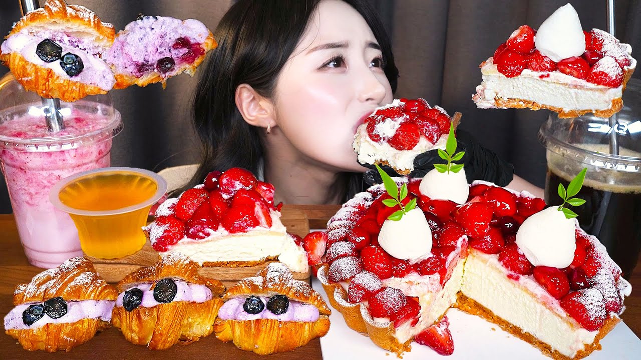 Клубничный Сырный Тарт АСМР Десерт 🍓 Круассан торт Кекс МукбангㅣDessert Tart Cake Mukbang