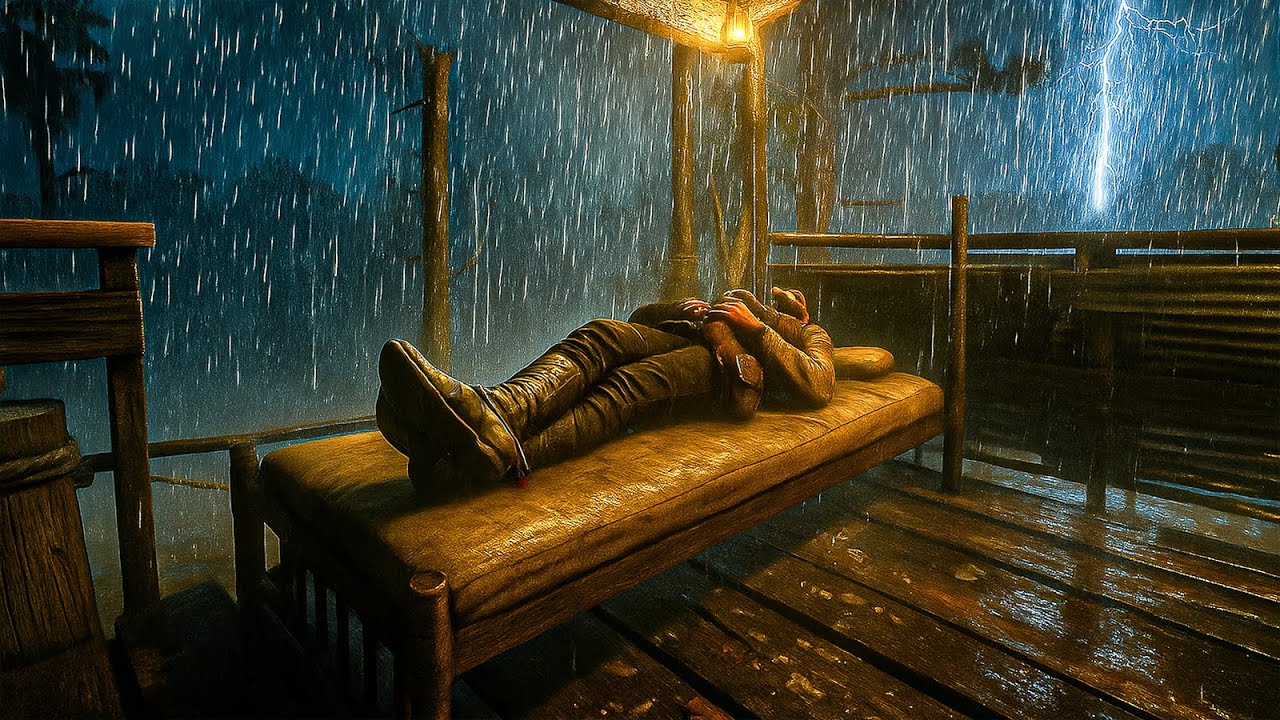 Sleeping on a Cozy Porch Bed During Night Time Thunderstorm | RDR2 ASMR