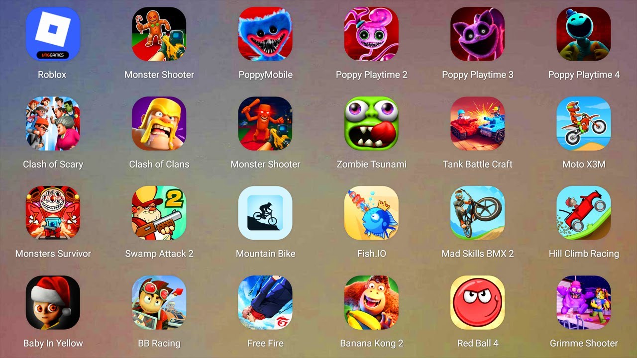 Roblox,Baby Bobby's,Baby in yellow 2,Poppy Playtime 4,Find the Alien 2,Red Ball 4,Scary Teacher 3...