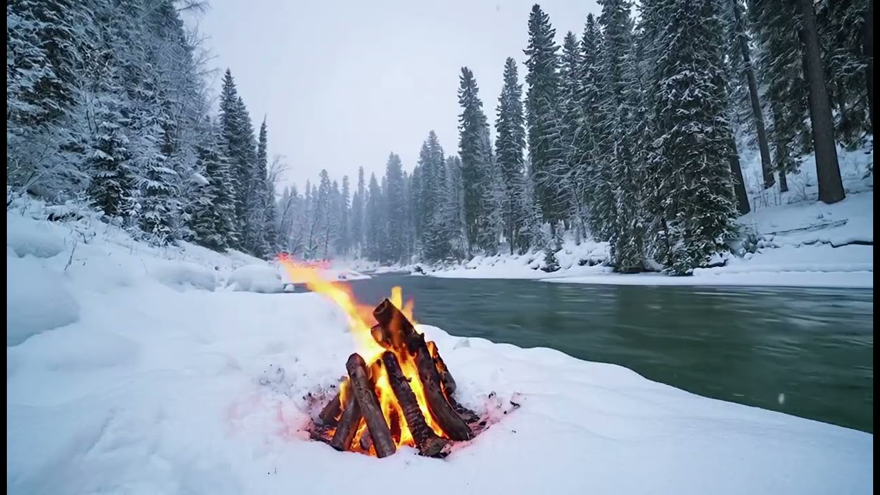 Cozy Snowy River & Campfire 🌨️ Gentle Fire + Flowing Water for Sleep & Relaxation