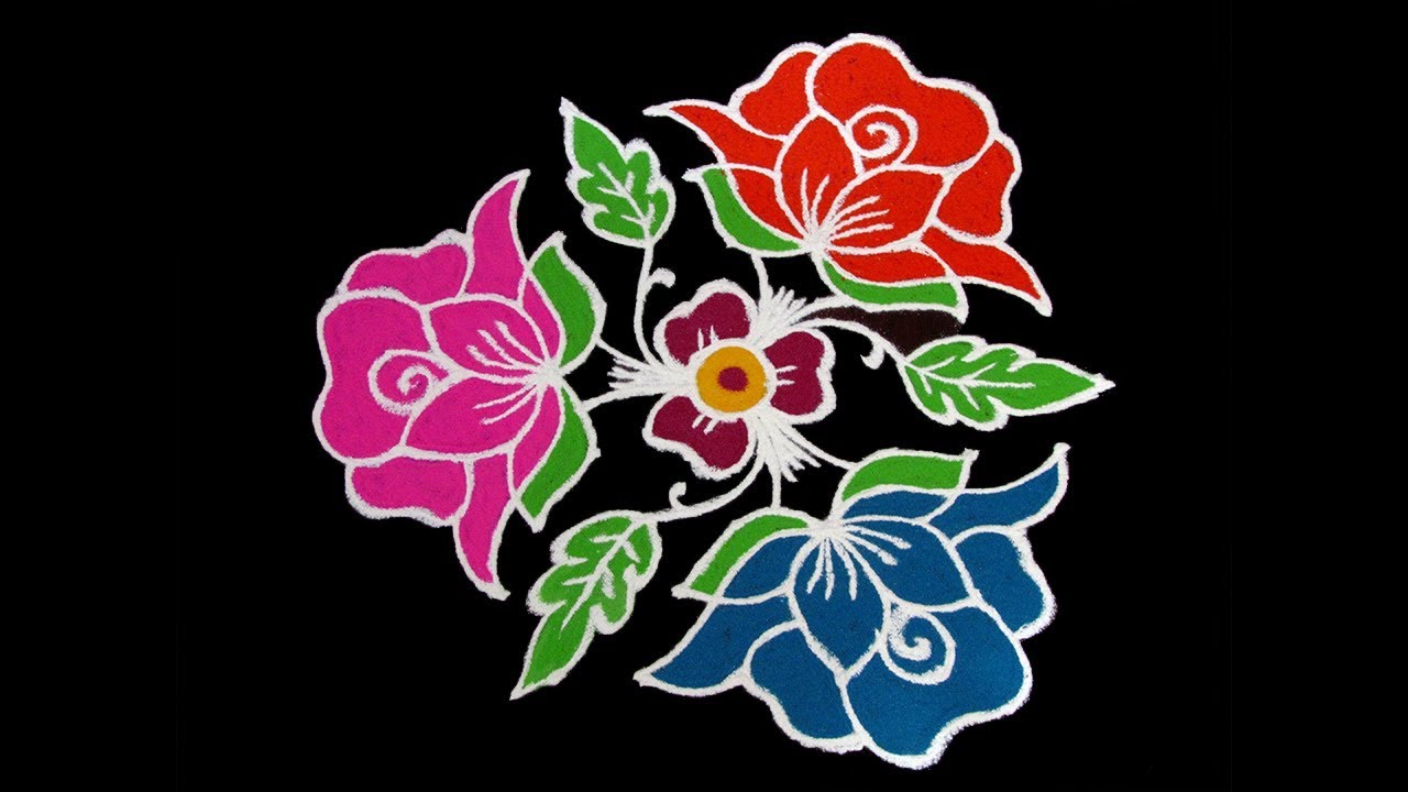 Simple & Beautiful Rose Flower Rangoli | 9x5 Middle Dots Rose Kolam | Latest Flower Rangoli 2019