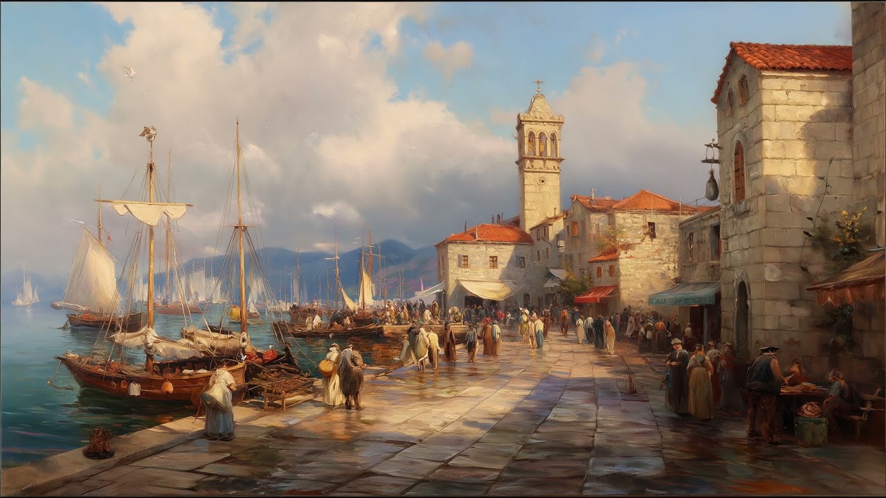 Historic Harbor & Stone Bell Tower in 4K | Romantic Era Seaport | Timeless Coastal Ambience