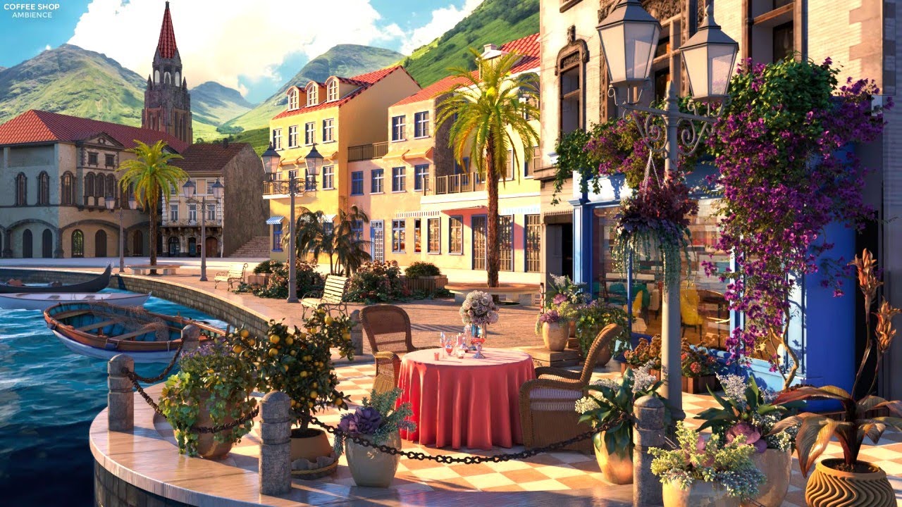 Village Coffee Shop Ambience - Relaxing Smooth Jazz Music on a Outdoor Calm Morning