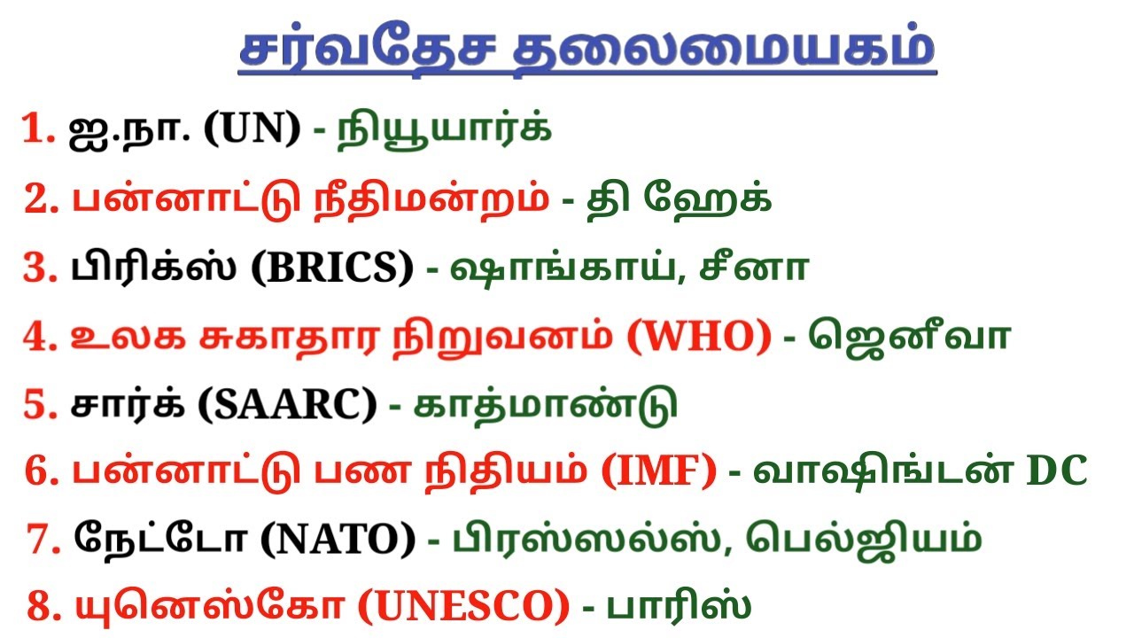 Important International Organisations | Headquarters | TNUSRB | TNPSC | Static gk | 5 SECOND GK