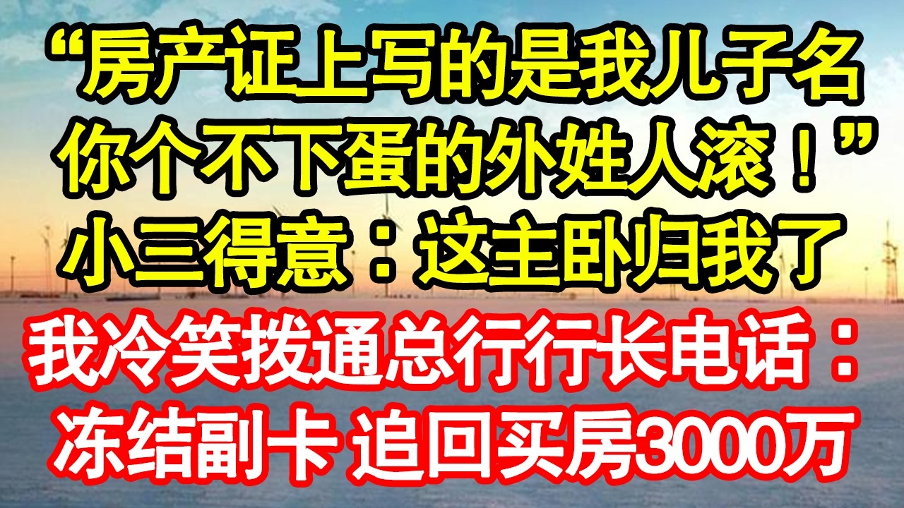 “房产证上写的是我儿子名，你个不下蛋的外姓人滚！”小三得意：这主卧归我了，我冷笑拨通总行行长电话：冻结副卡 追回买房3000万真情故事會|老年故事|情感需求|養老|家庭正能量