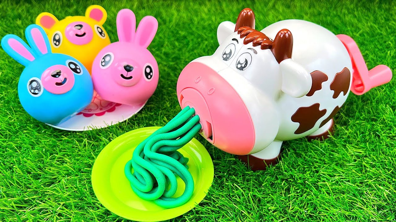 Satisfying Video l How to Mix Rainbow Play Doh Noodles with Glossy Slime Animals Cutting ASMR