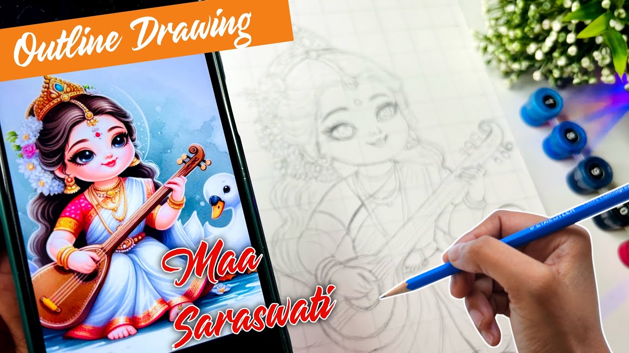 Saraswati Mata Drawing,Outline Tutorial, Cute Saraswati mata drawing