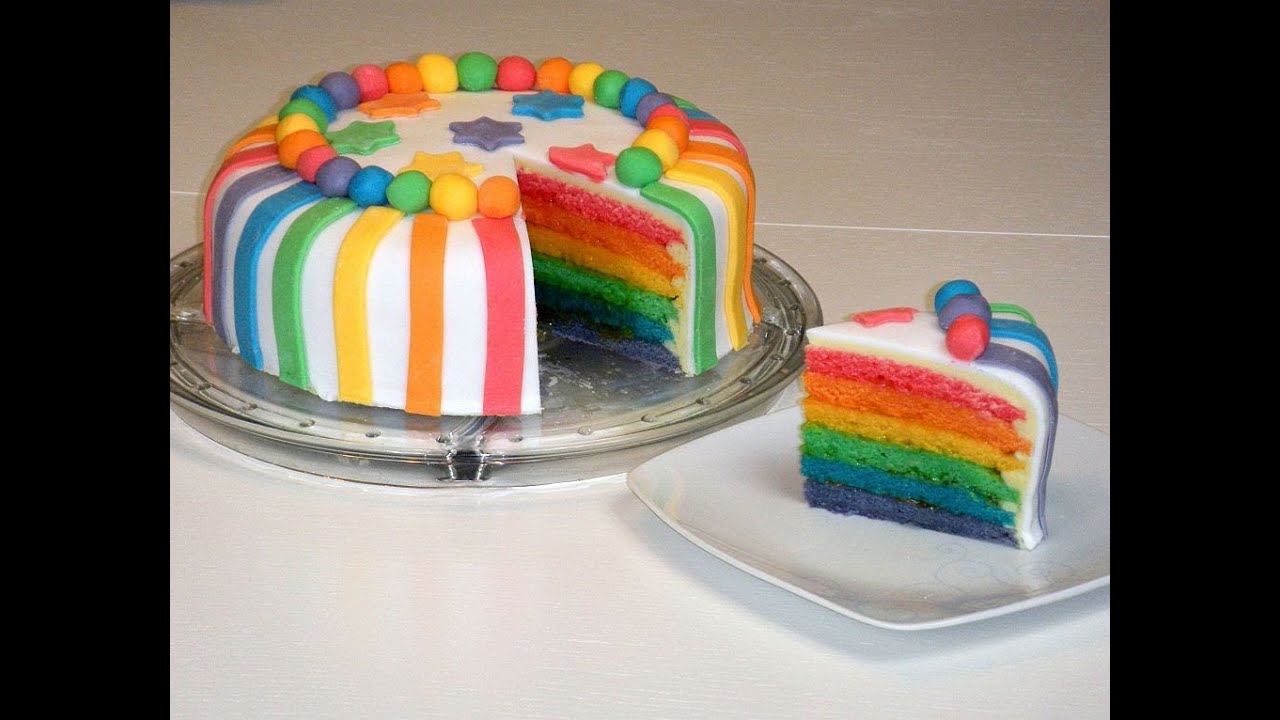 Rainbow Cake/Rainbowcake/Regenbogenkuchen (mit weißer Schokoladen-Ganache und Rollfondant)